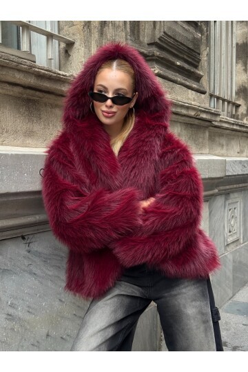 Kapşonlu Kürk Ceket Bordo