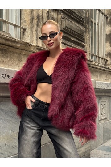 Kapşonlu Kürk Ceket Bordo