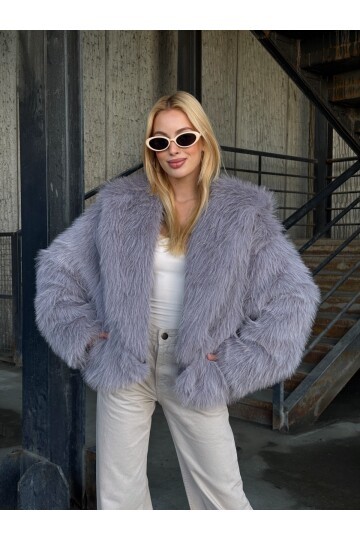 Kapşonlu Kürk Ceket Gri