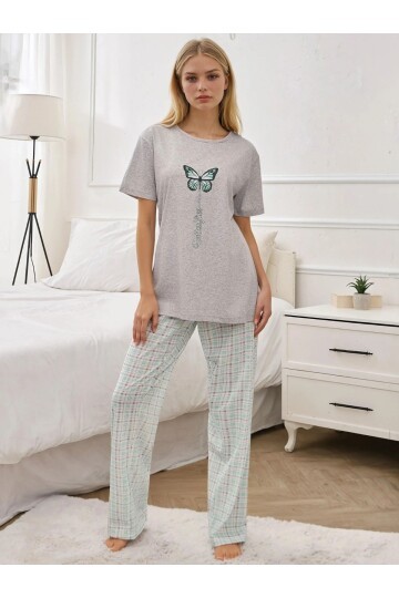 Kelebek Baskılı Ekose Desen Pijama Takımı