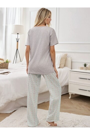 Kelebek Baskılı Ekose Desen Pijama Takımı