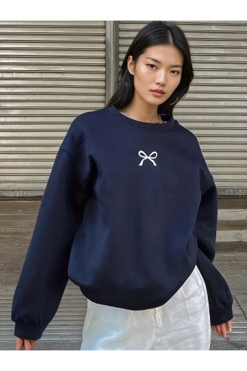 Lacivert Kurdele Nakışlı Oversize Üç İplik Sweatshirt
