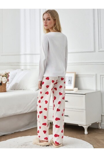 Love Balloon Baskılı Kalpli Uzun Kol Kadın Pijama Takımı