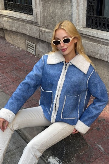 Mavi Çift Cepli İçi Suni Kürklü Biker Mont