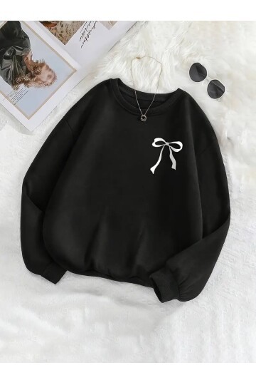 Minimal Fiyonk Baskılı Üç İplik Siyah Sweatshirt