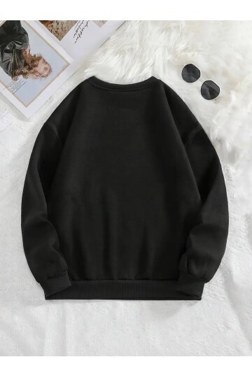 Minimal Fiyonk Baskılı Üç İplik Siyah Sweatshirt