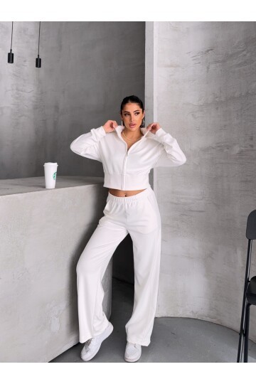 Modal Kumaş Crop Üst Eşofman Takım Beyaz