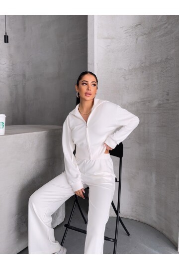 Modal Kumaş Crop Üst Eşofman Takım Beyaz