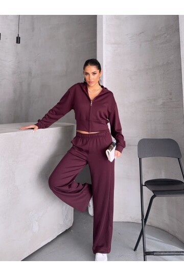 Modal Kumaş Crop Üst Eşofman Takım Bordo