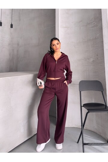 Modal Kumaş Crop Üst Eşofman Takım Bordo