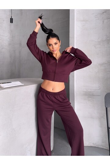 Modal Kumaş Crop Üst Eşofman Takım Bordo