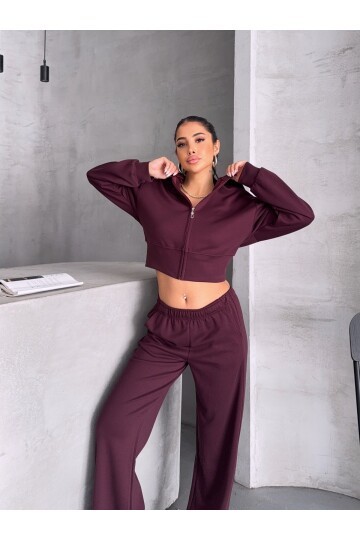 Modal Kumaş Crop Üst Eşofman Takım Bordo
