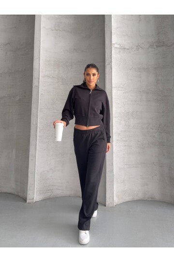 Modal Kumaş Crop Üst Eşofman Takım Siyah