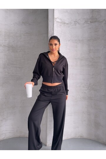 Modal Kumaş Crop Üst Eşofman Takım Siyah