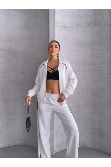 Modal Kumaş Şerit Detaylı Takım Beyaz