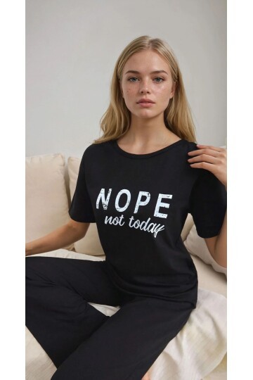Nope Not Today Baskılı Siyah Pijama Takımı