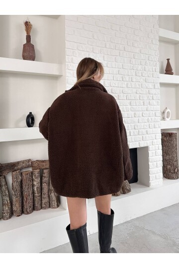 Oversize Uzun Şerit Detaylı Peluş Mont Kahve