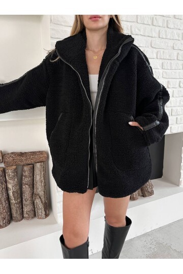 Oversize Uzun Şerit Detaylı Peluş Mont Siyah
