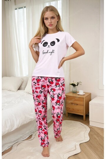 Panda Desenli Beyaz Kadın Pijama Takımı