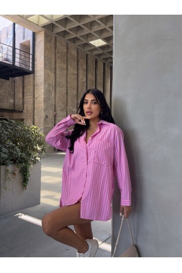 Pembe Çizgili Tek Cep Detay Gömlek