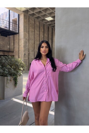 Pembe Çizgili Tek Cep Detay Gömlek