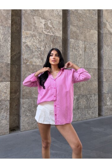 Pembe Çizgili Tek Cep Detay Gömlek