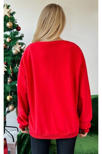 Penguen Baskılı Üç İplik Kırmızı Yılbaşı Sweatshirt