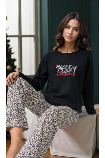 Şardonlu Yılbaşı Temalı Uzun Kollu Pijama Takımı
