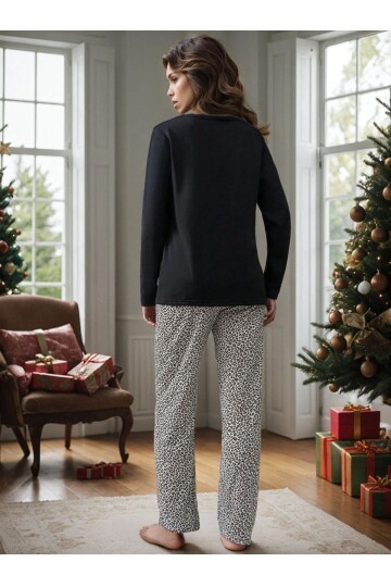 Şardonlu Yılbaşı Temalı Uzun Kollu Pijama Takımı