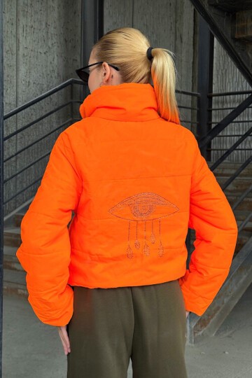 Sırtı Taş İşlemeli Crop Şişme Mont