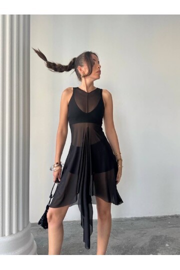 Siyah 3lü Üsttü Tül Pareo Takım
