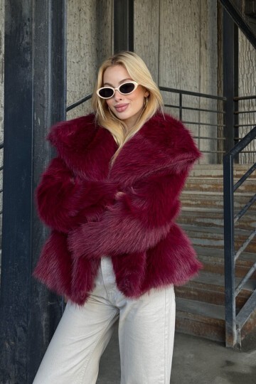 Suni Kürk Premium Peluş Ceket Bordo