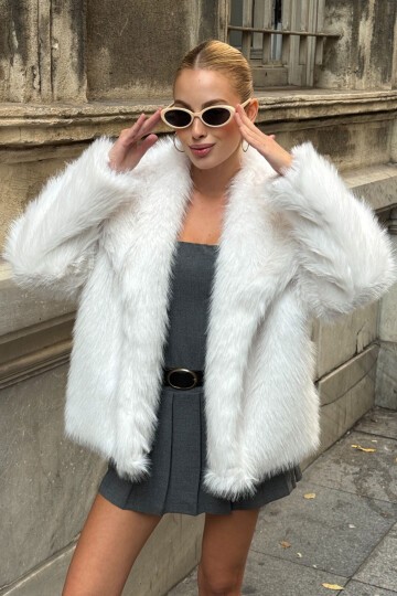 Suni Kürk Premium Peluş Ceket Ekru