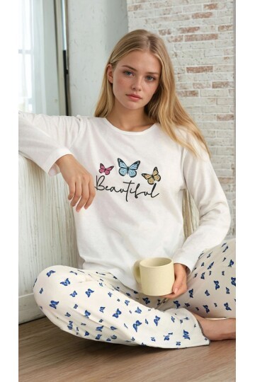 Uzun Kollu Kelebek Baskılı Pijama Takım