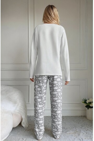Witch Please Baskılı Uzun Kollu Üst  Gri Desenli Pijama Takımı