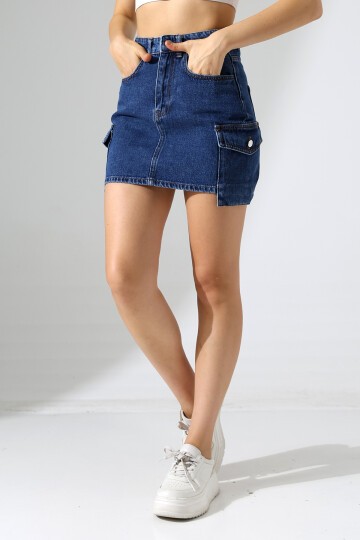 Yanları Cep Detay Kot Etek Lacivert