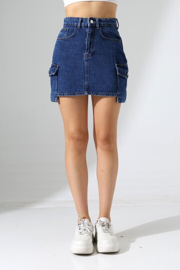 Yanları Cep Detay Kot Etek Lacivert