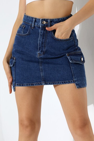 Yanları Cep Detay Kot Etek Lacivert