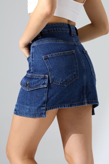 Yanları Cep Detay Kot Etek Lacivert