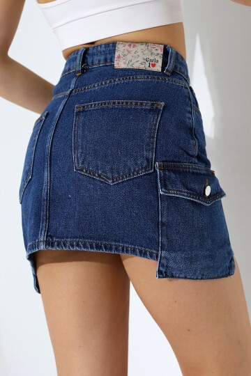 Yanları Cep Detay Kot Etek Lacivert