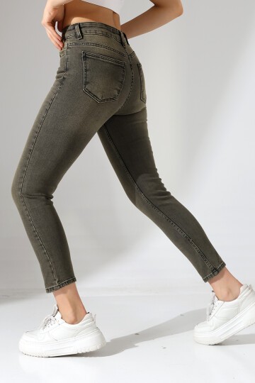 Yüksek Bel Dar Paça Yıkamalı Kadın Jean Haki Gri