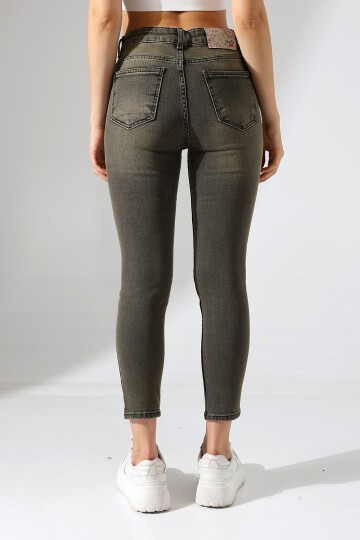 Yüksek Bel Dar Paça Yıkamalı Kadın Jean Haki Gri