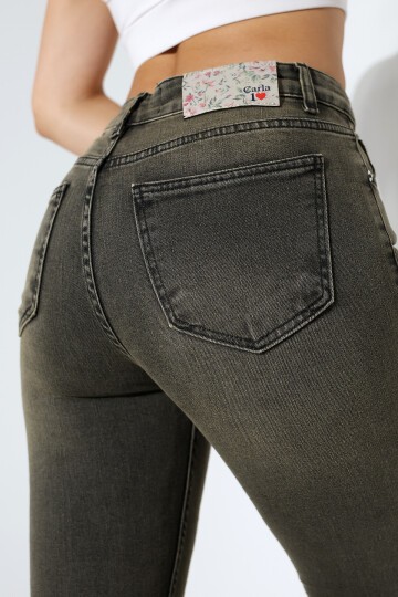 Yüksek Bel Dar Paça Yıkamalı Kadın Jean Haki Gri