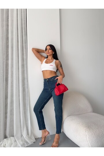 Yüksek Bel Slim Fit Mom Jean Lacivert