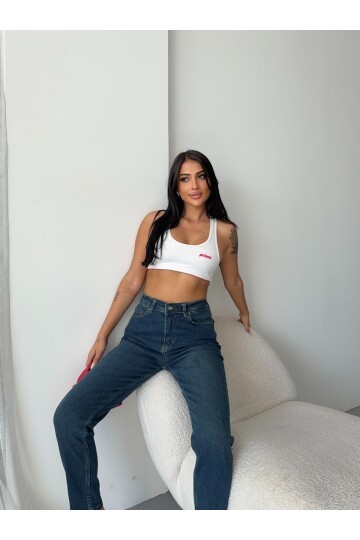 Yüksek Bel Slim Fit Mom Jean Lacivert