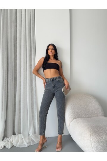 Yüksek Bel Yıkamalı Antrasit Mom Jean