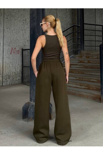 Yüsek Bel Cepli Paça Detay Haki Eşofman Altı