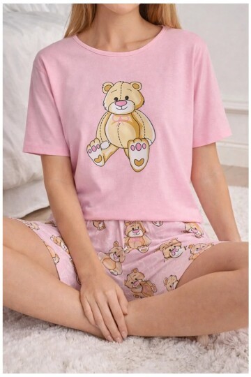 Ayıcık Baskılı Şortlu Kadın Pijama Takımı Pembe