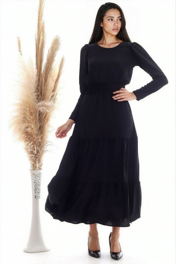 Ayrobin Beli Gipeli Uzun Kol Uzun Elbise SIYAH