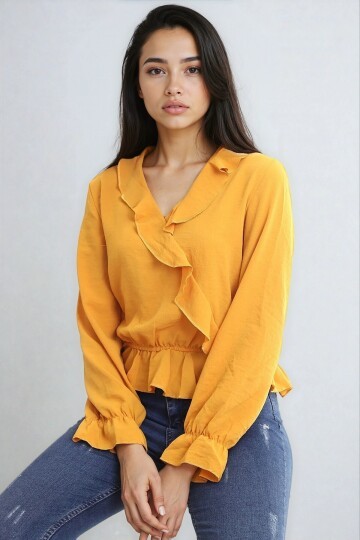 Ayrobin Kruvaze Fırfırlı Uzun Kol Bluz Hardal